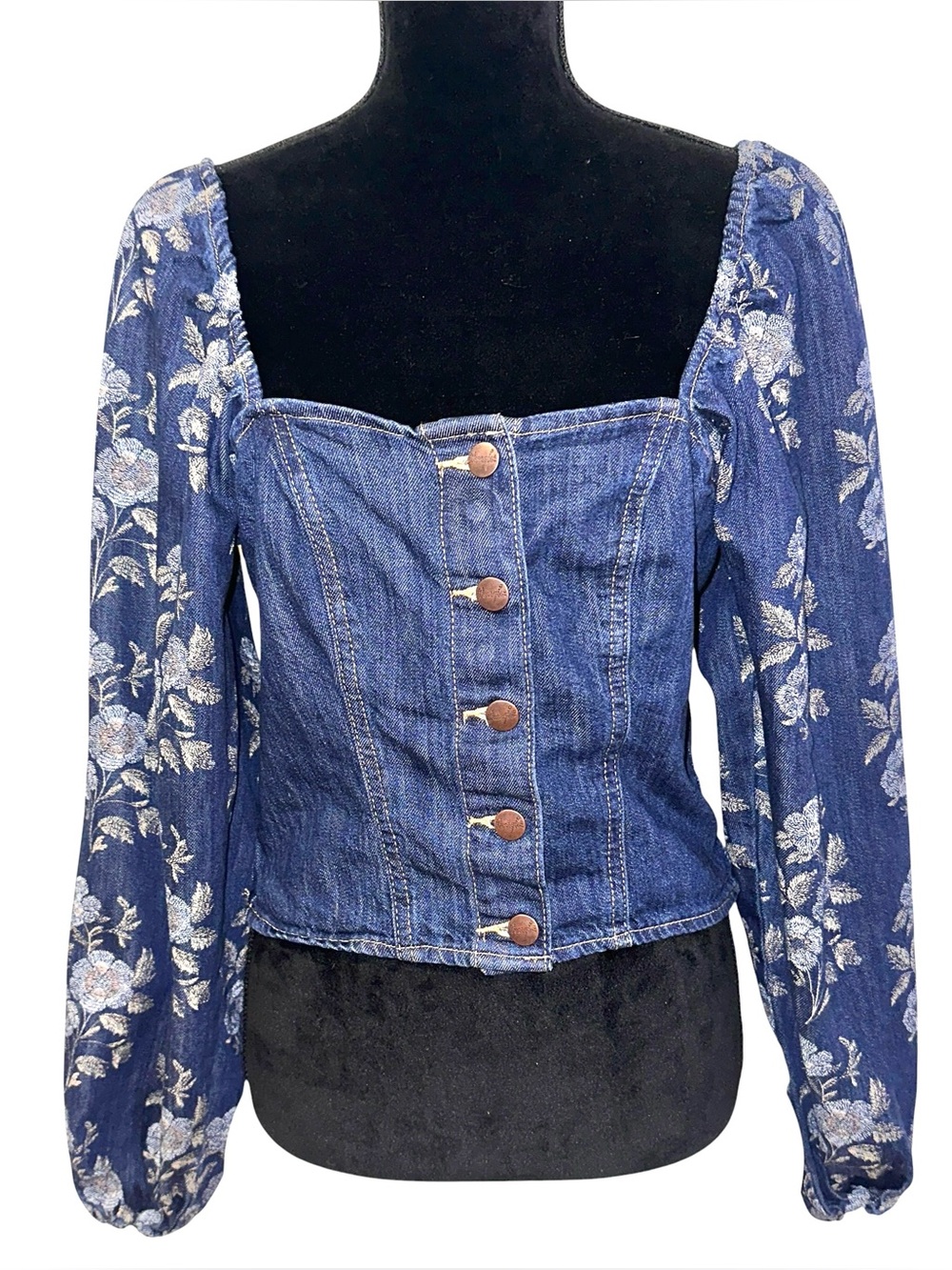 Wrangler Retro Floral Tapestry Balloon Sleeve Denim Blouse Size M Cropped
